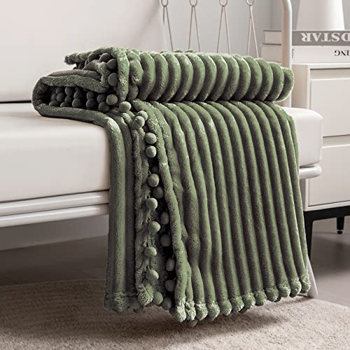 DISSA Fleece Blanket Throw Size – 51x63, Olive Green – Soft, Plush, Fluffy, Fuzzy, Warm, Cozy – Perfect Throw for Couch, Bed, Sofa - with Pompom Fringe - Flannel Blanket Throw Blanket - color: Olive Green, size: 51x63"