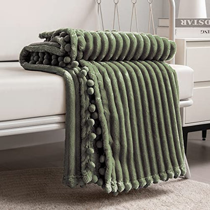 DISSA Fleece Blanket Throw Size – 51x63, Olive Green – Soft, Plush, Fluffy, Fuzzy, Warm, Cozy – Perfect Throw for Couch, Bed, Sofa - with Pompom Fringe - Flannel Blanket Throw Blanket - color: Olive Green, size: 51x63"