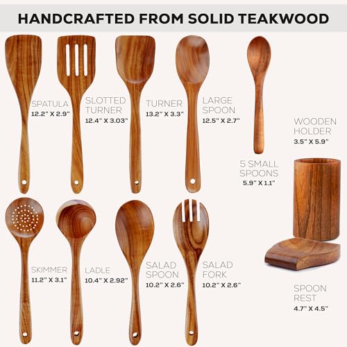 Zulay Kitchen 15-Piece Teak Wooden Utensils for Cooking - Natural Teak Utensil Set with Premium Gift Box - Non-Stick Wooden Spoons for Cooking - Kitchen Gift Set - Comfortable Grip Wooden Utensil Set - size: 15 Piece | Gift Box