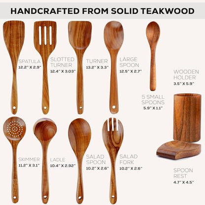Zulay Kitchen 15-Piece Teak Wooden Utensils for Cooking - Natural Teak Utensil Set with Premium Gift Box - Non-Stick Wooden Spoons for Cooking - Kitchen Gift Set - Comfortable Grip Wooden Utensil Set - size: 15 Piece | Gift Box