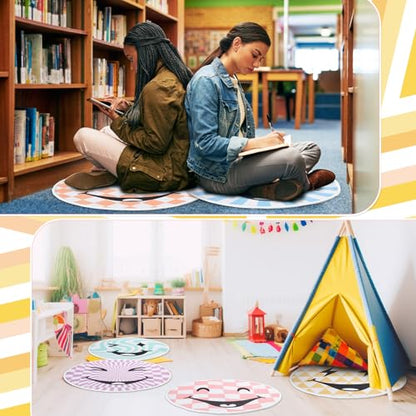 12 Pcs Carpet Circle Seats, 15 Inch Round Classroom Rug, Non Slip Corner Floor Cushion Mat, Circle Time Rug for Living Room, Learning, Playing Areas, Story Time, Group Activity(Happy Face) - style: Happy Face