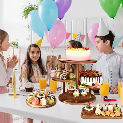 Hushee 4 Pcs Wood Round Cupcake Tower Stand with Serving Platters Trays Set, 4 Tier Wooden Cake Stand Tray with 1 Round Dinner Plate 2 Rectangular Plates for Dessert Snack Party(Brown)