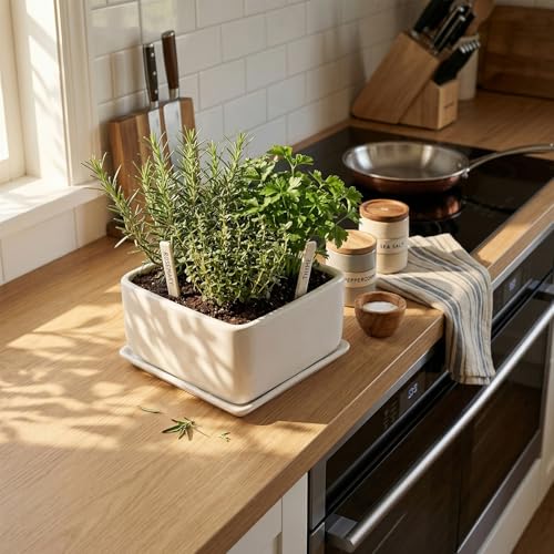 MyGift White Ceramic Square Planter Pot with Drainage Hole & Drip Tray | Suitable for Succulents, Cactus, Herbs, Bonsai, Houseplants & Floral Arrangements - color: White
