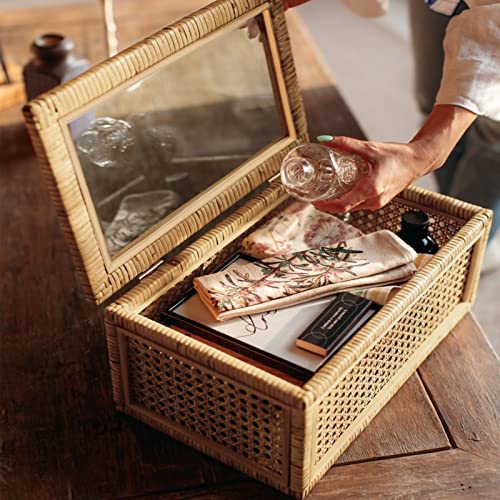 Large Handwoven Boho Rattan Display Boxes with Glass Lids Set of 2 | Rectangular Decorative Storage Bins Natural Woven Cane Home Decor Organizers (15.55" x 9.64" x 5.9" & 12.48" x 6.88" x 4.52")