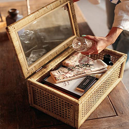 Large Handwoven Boho Rattan Display Boxes with Glass Lids Set of 2 | Rectangular Decorative Storage Bins Natural Woven Cane Home Decor Organizers (15.55" x 9.64" x 5.9" & 12.48" x 6.88" x 4.52")