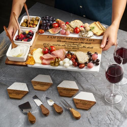 AWESOMETIK Custom Acacia Wood & Marble Charcuterie Board – Personalized Engraved Cheese Board with Knife Set – Perfect Wedding & Housewarming Gift