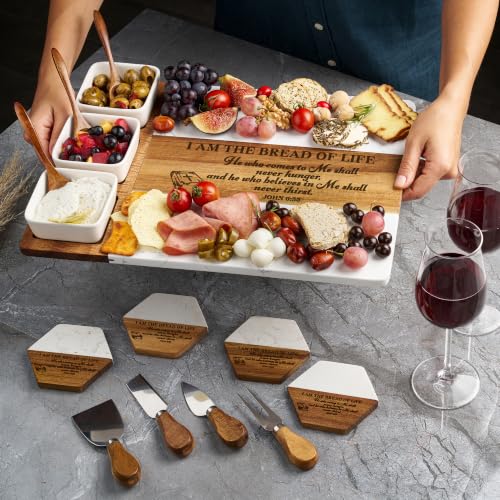 AWESOMETIK Personalized Bible Verse, Acacia Wood & Marble Charcuterie Board – Custom Engraved Cheese Board with Knife Set – Perfect Wedding & Housewarming Gift - Christian Wedding Gift
