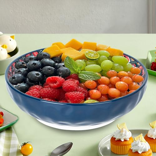 75 Oz Serving Bowls,Bohemian Style Large Porcelain Dishes for Entertaining Parties,Big Bowls for Eating Soup, Salad, Pasta, Fruit, Chips, 10.3 Inch Diameter (blue blue) - color: blue blue
