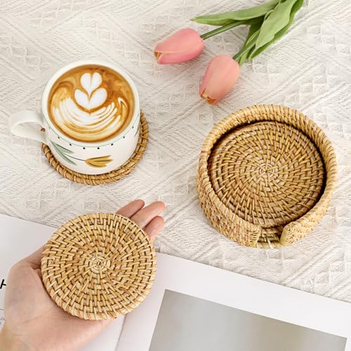 Drink Coasters Set of 6, Handwoven Rattan Coasters with Holder - Coaster for Coffee Table, Boho Cup Coaster for Home Decor Accents-Heat Insulation, 4 Inch(Natural Rattan) - style: Natural Rattan