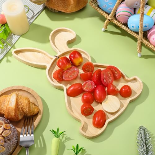 Toddmomy Easter Bunny Wooden Serving Tray, 11-Inch Rabbit Shaped Charcuterie Board, Natural Wood Fruit & Snack Platter for Easter Farmhouse Table Decor, Spring Party Appetizer Dish