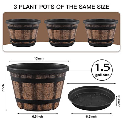 Quarut 3 Pack 10 inch Plant Pots,Whiskey Barrel Planters with Drainage Holes & Saucer, Plastic Decoration Flower Pots Imitation Wine Barrel Design, for Indoor & Outdoor Garden Home Plants (Brown) - size: 10 inches