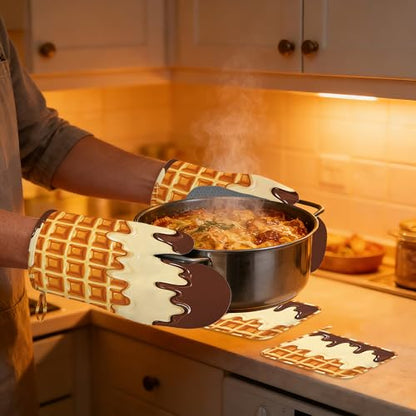 Heat Resistant Pot Holders and Oven Mitts,Funny Waffles Extra Long Kitchen Oven Mitt Set,Chocolate Cream Cotton Lining Anti-Slip Waterproof Kitchen Mittens Hot Pan Holder for Baking Cooking Grilling - color: Funny Waffles