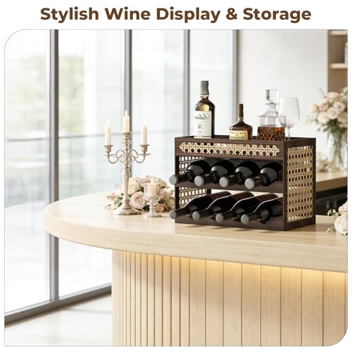 3-Tier Counter Wine Rack, Wine Racks Countertop & Wine Rack for Inside Cabinet - Solid Pine Wood & Rattan Mesh, Tilted Design, Portable Bar for Home Kitchen