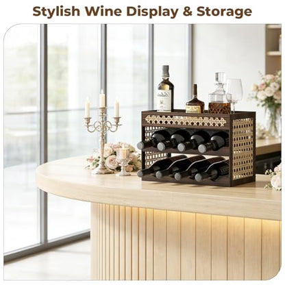 3-Tier Counter Wine Rack, Wine Racks Countertop & Wine Rack for Inside Cabinet - Solid Pine Wood & Rattan Mesh, Tilted Design, Portable Bar for Home Kitchen