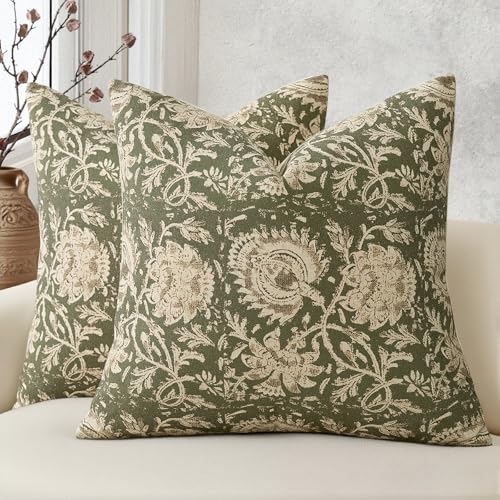 Vintage Floral Print Throw Pillow Covers 16x16 Set of 2 Neutral Modern Farmhouse Accent Decorative Cushion Covers Boho Home Decor for Couch Sofa Chair Bed Living Room, Olive Green - color: Olive Green, size: 16" x 16" (Pack of 2)