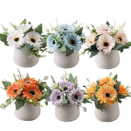 LUEUR Artificial Flowers with Ceramic Pot–6PCS Fake Sunflowers in Vase | Multi-Color Faux Flowers, Floral Arrangements For Spring Decor, Summer Decorations For Easter, Mother's Day, Shelf, Office - color: 6-piece Artificial Sunflower
