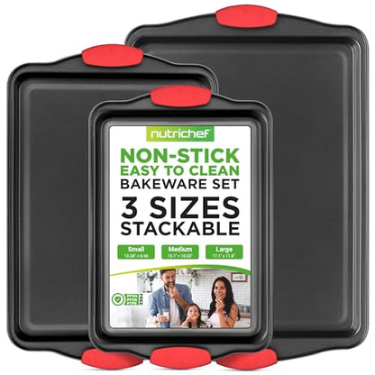 NutriChef 3‑Piece Nonstick Cookie Sheets – Carbon Steel Baking Sheet Set with Non Stick Coating & Red Silicone Handles – Oven Pans for Family Baking - size: 3-Piece Set