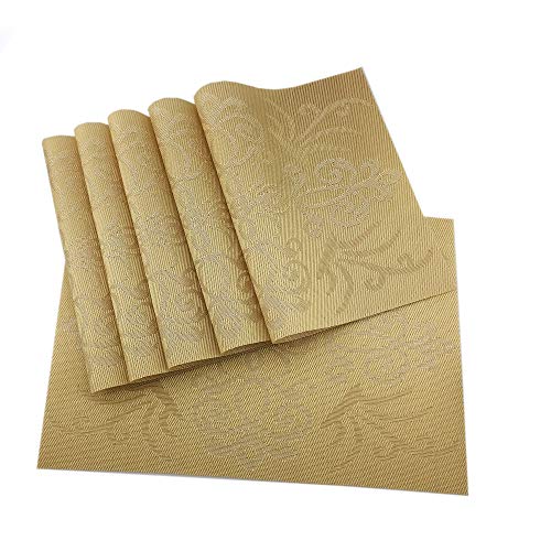 Luxury Gold Placemats Set of 6 Crossweave Woven Vinyl Placemat for Dining Table Heat Resistant Non-Slip Kitchen Table Mats Easy to Clean - color: Symmetry-gold