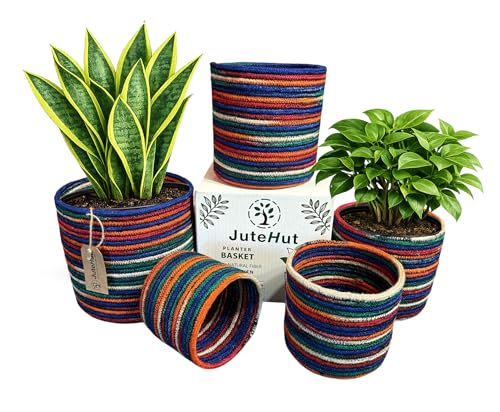 Planter Basket Set – 5-Piece Handwoven Jute Planter Basket for Home Decor, Nursery, or Indoor Plants (5'' to 8'' Diameter, 4.75'' to 7.75'' Height) – Fold & Wrinkle Free - Rainbow Stripe - color: Rainbow Stripe