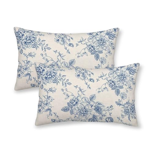 AEIOAE Chinoiserie Floral Pillow Covers 12 x 20 Inch Set of 2, Vintage Blue Flower Decorative Throw Pillow Covers Outdoor Linen Farmhouse Decor Pillowcase for Home Sofa - color: Blue Chinoiserie, size: 20" x 12" (Pack of 1)