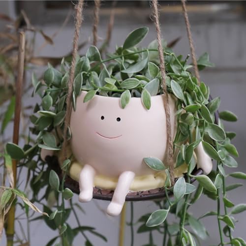 Hanging Swing Chair Planter Pot Resin Smiley Face Planter for Indoor Outdoor Plant Cute Head Flower Pots for String of Pearls Plant Live Unique Gift IdeaI for Mother Day, Christmas (Small) - color: Beige, size: Small