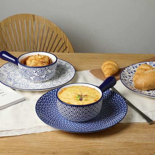 Selamica Ceramic Soup Crocks With Handles, 15 OZ French Onion Soup Bowls, Oven Safe Soup Bowls For Cereal, Stew, Chilli, Pot Pies, Baking, Microwave Dishwasher Safe, Set of 4, Vintage Blue
