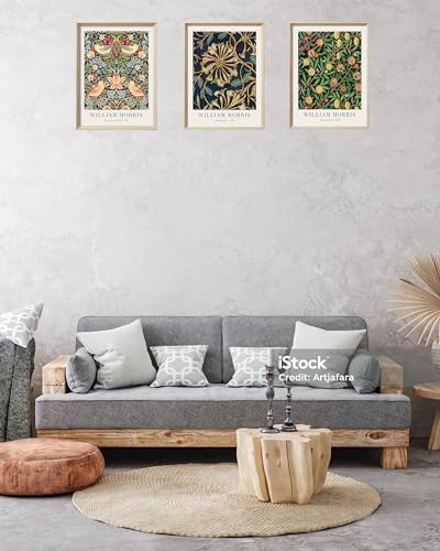 UPWOIGH William Morris Inspired Framed Prints, 12 x 16 Inch, Set of 3 | Strawberry Thief, Honeysuckle and Fruit Prints, Rich Blue and Gold Tones, Light Wood Frames for Bedroom and Gallery Wall - color: Morris Gold MDF