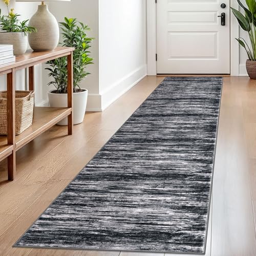 SIILOOM 2x8 Washable Runner Rug, Non Slip Soft Area Rug for Hallway Kitchen | Black/White Modern Abstract Spill & Stain Resistant Low Pile Carpet for Entryway Office Laundry Bedroom, Easy Clean - color: Black/White, size: 2' x 8' (Runner)