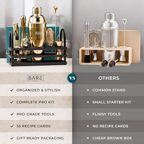 BARE BARREL® Mixology Bartender Kit Bar Set | 14-Piece Cocktail Shaker Set | Martini Barware Mixing Tools for Home Bartending | 35 Recipe Cards | Gift Set (24oz Cobbler Shaker, Gold/Black) - color: Gold/Black