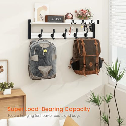 Coat Rack Wall Mount, 29" Floating Shelf with Key and Mail Holder | Wooden Entryway Hanging Shelf with Hooks and Storage for Hat Towel Jacket Purse Backpack Dog Leash, White