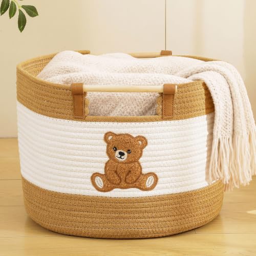 Large Blanket Basket 35L Cotton Rope Baskets with Wooden Handles Woven Baskets for Kids Stuffed Animal Toys Storage for Nursery, Laundry Hamper Clothes Baby Hamper Boys Gift Basket Empty, (Bear） - color: Bear, size: Large