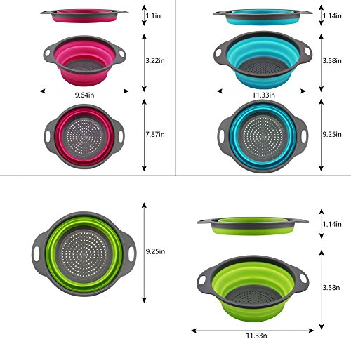 Qimh Collapsible Colander Set of 3 Round Silicone Kitchen Strainer Set - 2 pcs 4 Quart and 1 pcs 2 Quart- Perfect for Draining Pasta, Vegetable and fruit (green,blue, purple) - color: Multicolor
