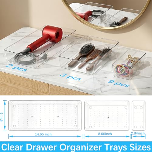 Manalete 14 Pcs Plastic Drawer Organizer with 2 pcs 15"x6" Vanity Organizer | Durable Clear PET Storage Bins Tray for Desk, Kitchen & Bathroom, Office, Makeup, Tools, Easy Clean, Stackable, BPA-Free - size: 2 Pack 15×6", 3 Pack 9×6", 9 Pack 3×6"