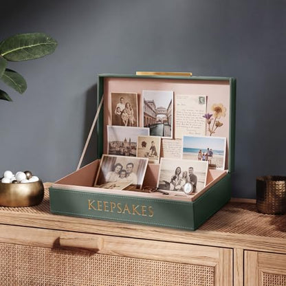 Hushee Decorative Storage Boxes with Lids 14.17 x 8.66 x 3.54 Inches Sage Green PU Leather Jewelry Box Organizer with Gold Handle Are to Store Photos Documents Keepsakes