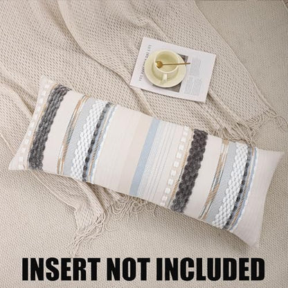 Boho Lumbar Throw Pillow Cover 14x36 Grey Blue White | 1 Piece,Durable Fabric,Stripe Pillowcase,Farmhouse Cushion Case,Chenille Pillow Case,Neutral Pillowcase for Sofa Couch Bed - color: Grey Blue White Stripe, size: 36" x 14" (Pack of 1)