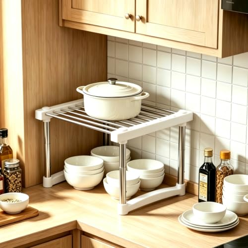 BLULEE Expandable Cabinet Organizer, Adjustable Storage Shelf White | Multi-Purpose Plastic & Metallic Steel Storage Rack for Kitchen, Living Room, and Dorm Organization（1 Pack ） - color: White, size: 1Pack