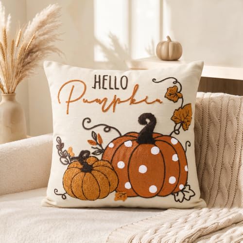AVOIN colorlife Caramel Pumpkin Fall Throw Pillow Cover 18x18 Inch | Hello Pumpkin Polka Dot Embroidered Tufted Patterned Linen Cushion Case Decoration for Sofa Couch - color: Caramel, size: 18" x 18" (Pack of 1)