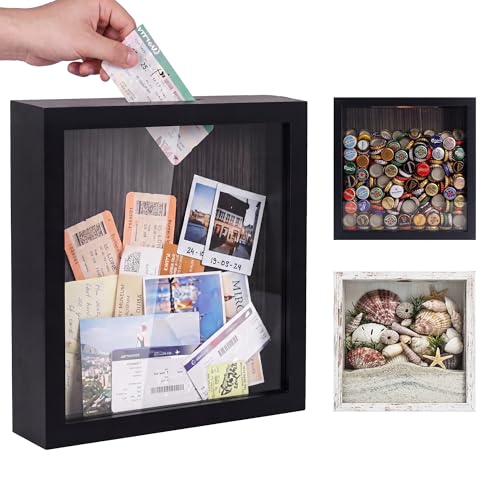 GraduationMall 8x8 Top Loading Shadow Box Frame with HD Glass,Wood Display Case with Slot,1.25 inches Interior Depth,Ideal for Wine Bottle Caps,Tickets,Shells,Stamps and More,Black - color: Black, size: 8x8