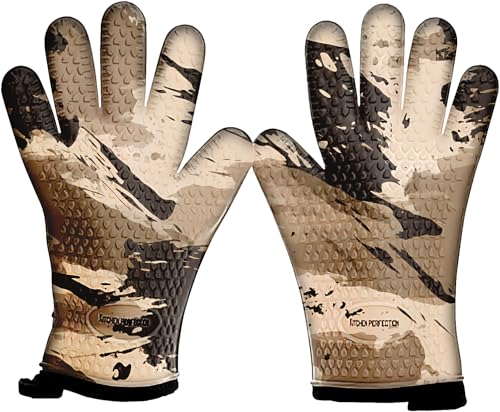 KITCHEN PERFECTION Silicone Smoker BBQ Gloves - Heat Resistant Oven Mitts | Waterproof, 5-Finger Design For A Better Grip, for Pitmasters, Meat Smoking, Grilling, Cooking, Frying Turkey | Grill Gift - color: Desert, size: One Size Fits Most