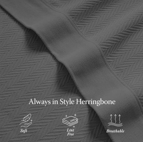 Threadmill Cotton King Blanket, Herringbone, Dark Grey, Machine Washable | 100% Cotton, Herringbone Pattern, 106x92 in, Breathable, All-Season, OEKO-TEX Certified, Machine Washable - color: Dark Grey, size: King (106" x 92")