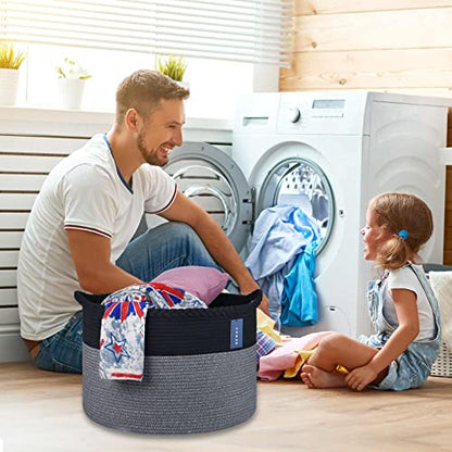 COMSE XXXLarge Woven Blanket & Laundry Basket, 87L, Black & Gray | 21.7" x 13.8", Cotton Rope, Nursery Hamper for Storage of Toys Clothes Towels, Ideal for Living Room Bedroom Bathroom - color: Black & Gray