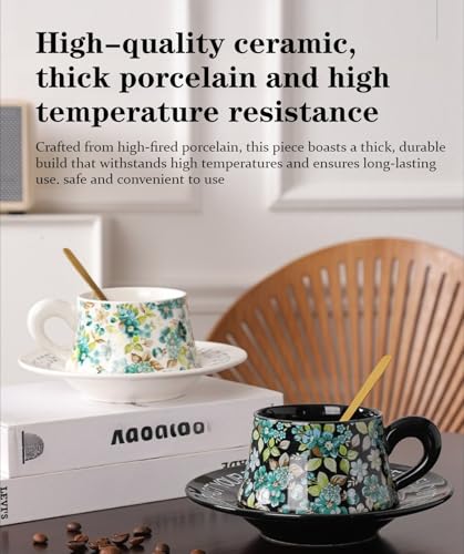 10 oz Elegant Ceramic Coffee Cup and Saucer Set with Gift Box Packaging, Floral China Tea Cup and Saucer Set,Retro Afternoon Tea Cup Set with White Coffee Mug,Valentine's Day Gift for her (White)