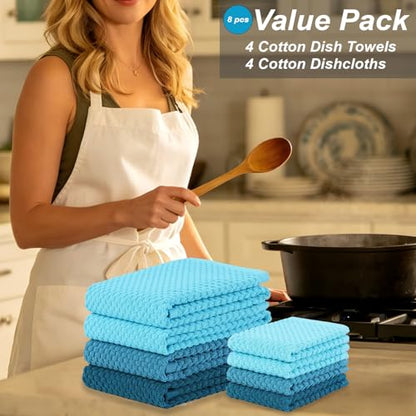 8 Pack Kitchen Towels and Dishcloths Set, 100% Ring Spun Cotton 16 x 25 inches Kitchen Towels and 13 x 13 in Dish Cloths Super Soft and Absorbent Towels Set - color: Ocean