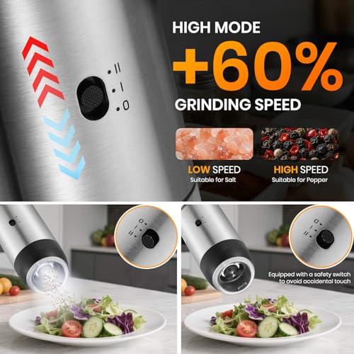 Rechargeable Gravity Electric Salt Grinder Set,Stainless Steel | with Variable Grinding Speed, External Adjustable Coarseness,Charging Base and White LED Light - color: Stainless Steel with Charging Base