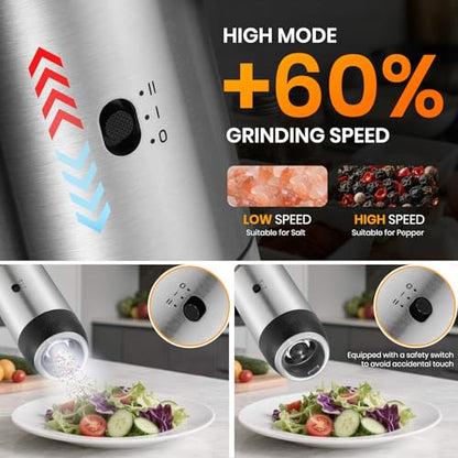 Rechargeable Gravity Electric Salt Grinder Set,Stainless Steel | with Variable Grinding Speed, External Adjustable Coarseness,Charging Base and White LED Light - color: Stainless Steel with Charging Base