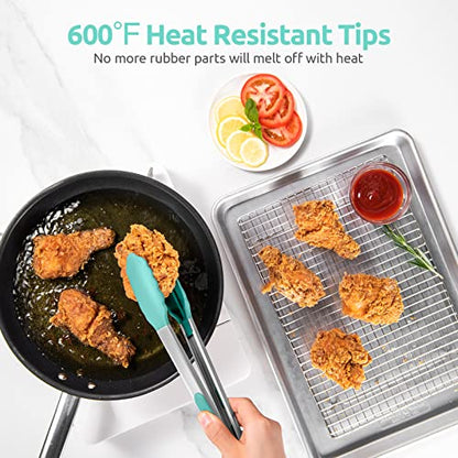 U-Taste 600ºF Silicone Spoon Set 13.3in Solid Slotted 2PCS & Spatula Set Heat Resistant & 600ºF Tongs Set 9 12inch Nonstick Stainless Handle(Aqua Sky)