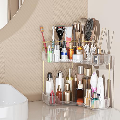 Webetop Corner Makeup Organizer 2 Tier Bathroom Storage with Brush Holder | Space-saving Corner Fit, Clear Acrylic Construction, Detachable Brush Slots, Non-Slip Base, Easy-access Tiered Design - color: Clear, size: 2 Tier with brush holder