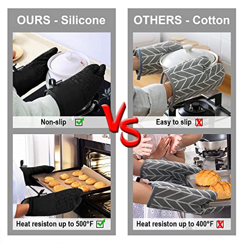 KEGOUU Oven Mitts and Pot Holders 6pcs Set, Kitchen Oven Glove High Heat Resistant 500 Degree Extra Long Oven Mitts and Potholder with Non-Slip Silicone Surface for Cooking (Black) - color: Black
