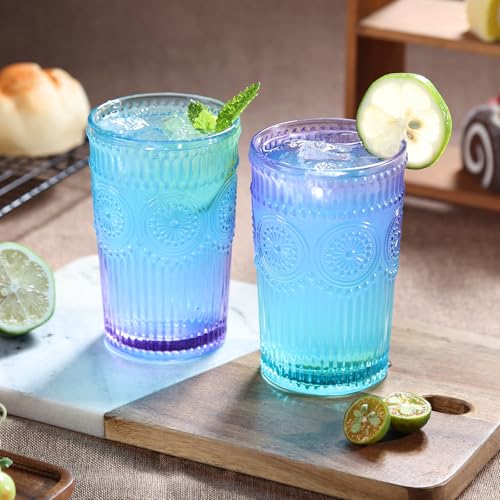 Loivttvv 6pcs Vintage Drinking Glasses Set, 12 oz Glass Cups, Embossed Ribbed Glassware Drinking Glasses for Cocktail, Water, Juice, Coffee, Whiskey - color: Lavender dream