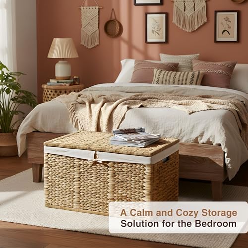 30 in Wicker Storage Trunk with Lid, Removable Liner, Natural | Handwoven Organizer with Metal Hinges That Doubles as a Toy Chest and Large Blanket Keeper